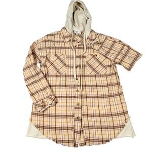 BKE Boyfriend Shirt Jacket Shacket Medium Plaid Hooded Flannel Button Front